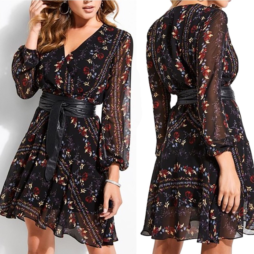 Guess Black Floral Faux Wrap Long Sleeve Mini Dress (no belt)